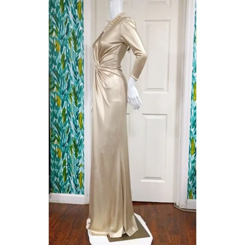 Chiara Boni made in Italy Metallic Gold Gown Size 0 Long Evening Pleated Waist D - Picture 6 of 12